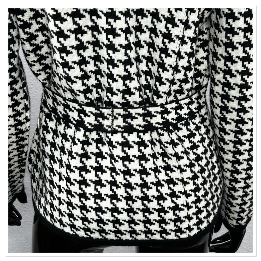 Kenar Black & White Houndstooth Women’s Cardigan Sweater w/ Belt Wool Blend Sz M - Picture 6 of 7
